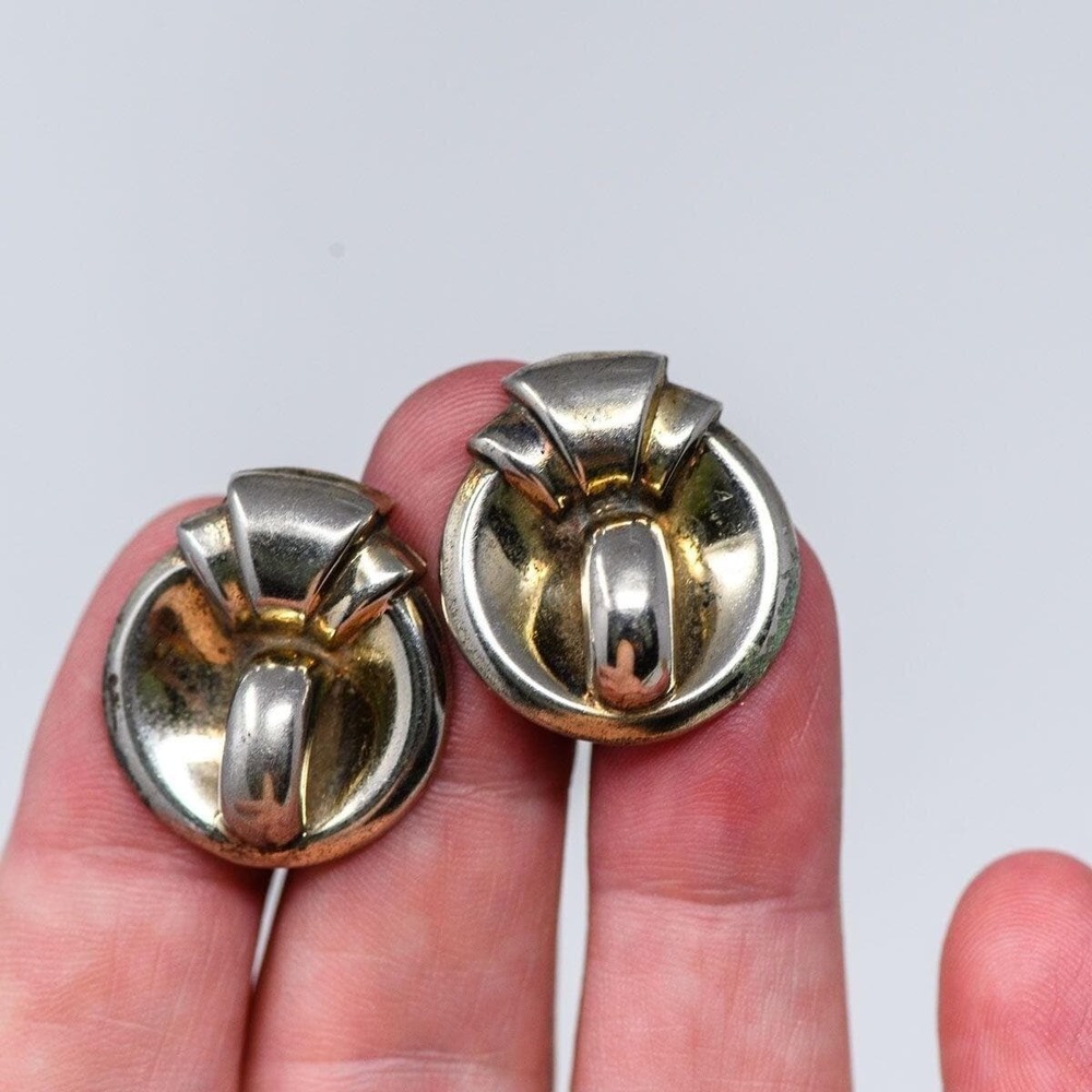 Vintage Sterling Silver screw-back Earrings Art Deco Design 1" Diameter